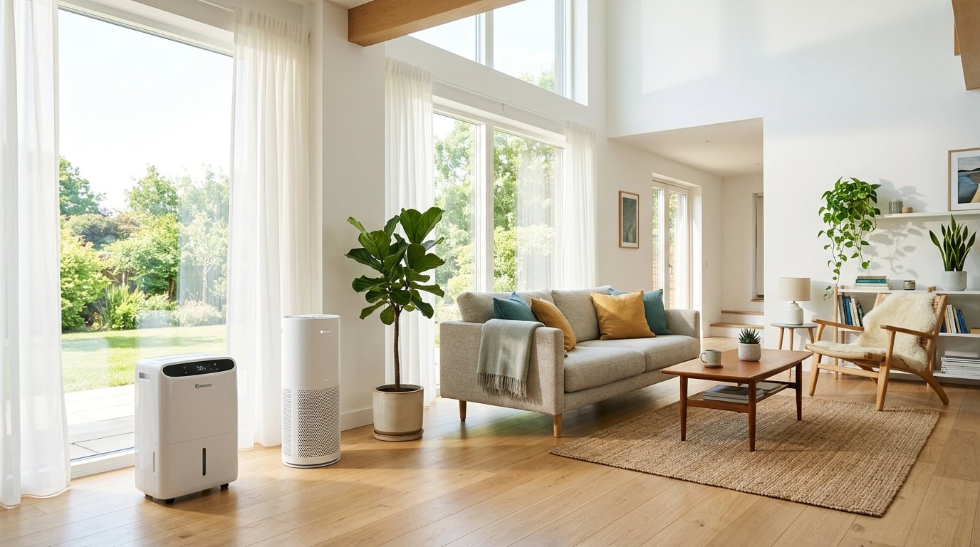 A bright, clean, well-ventilated home interior with a dehumidifier and air purifier, representing mold recovery through a healthy environment