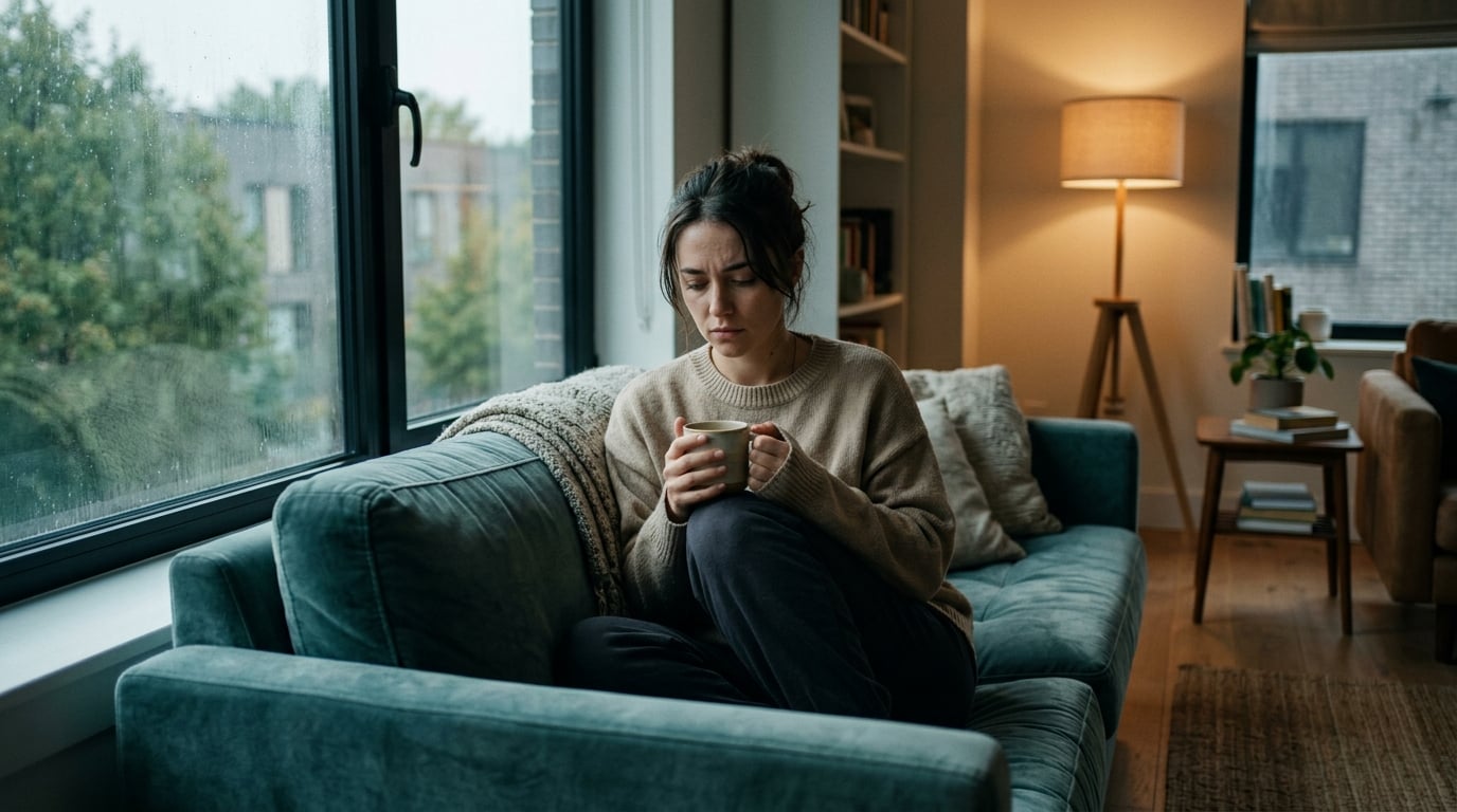 A tired person sitting near a window in a damp home, representing non-specific symptoms some people report with mold exposure
