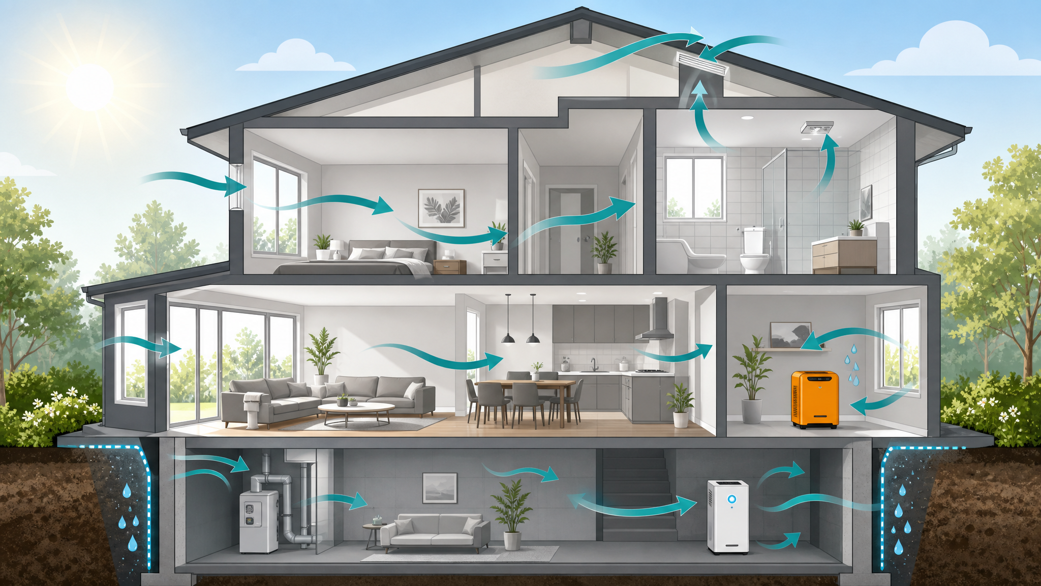 Illustration of a healthy, well-ventilated, moisture-controlled home