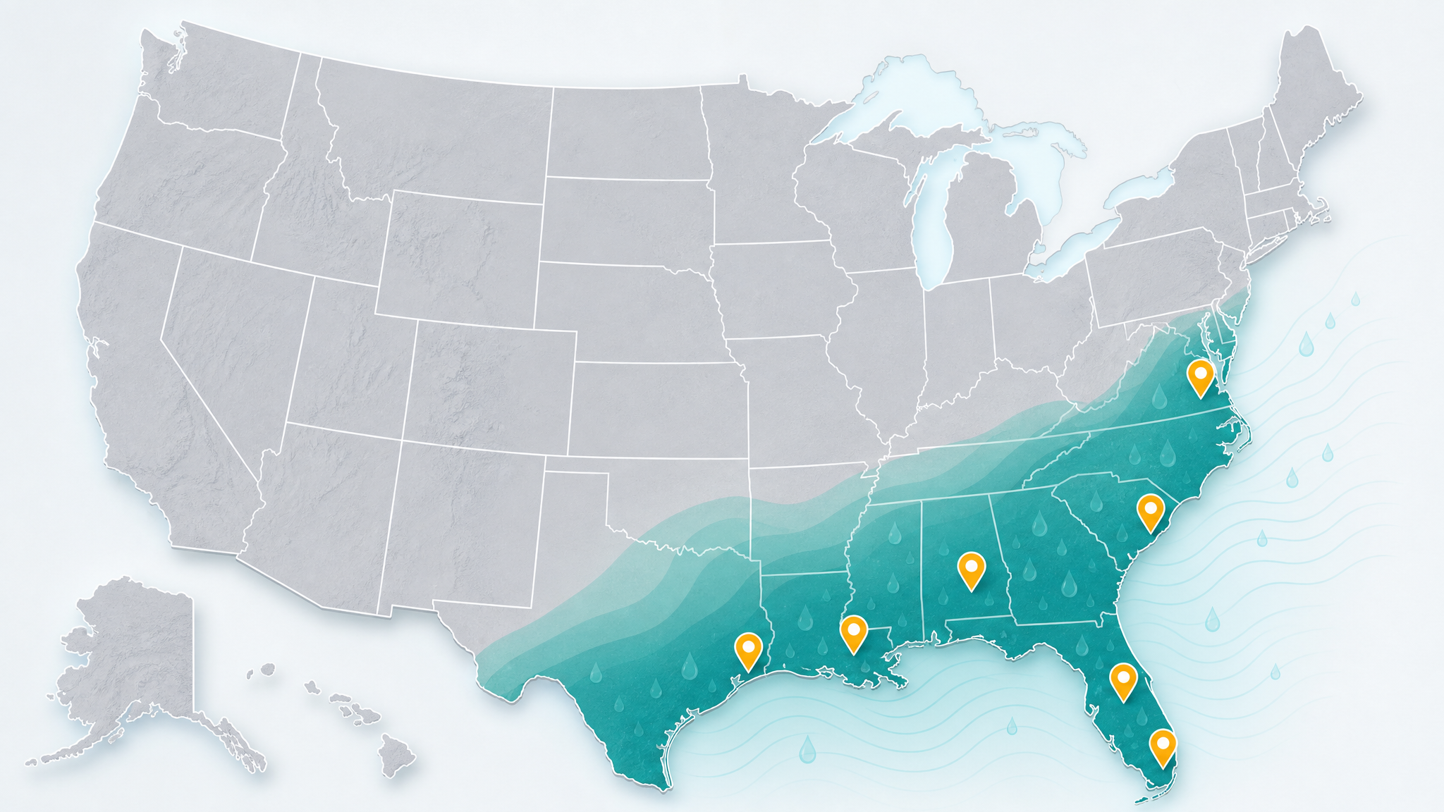 Map-style illustration of high-humidity U.S. regions prone to indoor mold