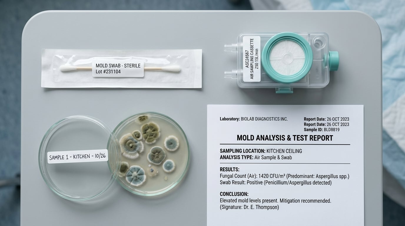 A flat-lay of several mold testing kits including a dust swab, air-sampling cassette, petri dish and lab report on a clean table