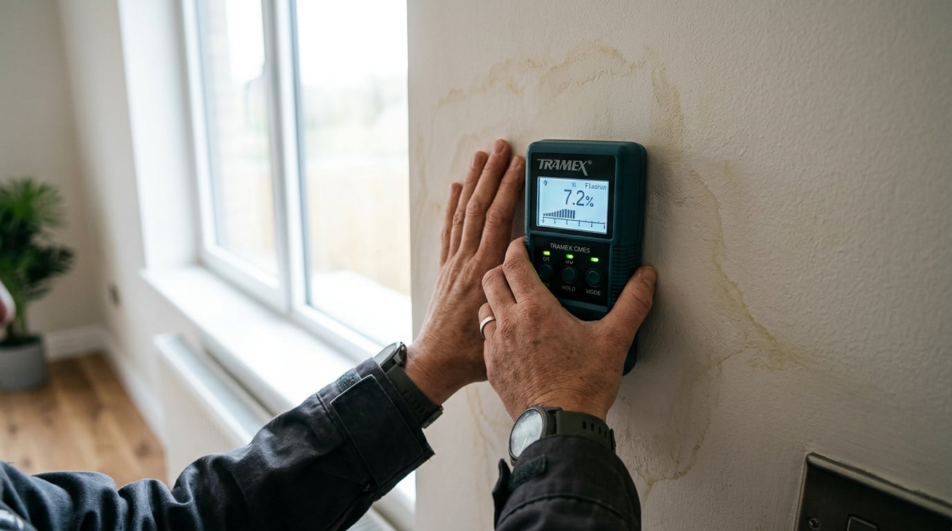 A person using a moisture meter on a wall near a window with light water staining, investigating the source of a leak
